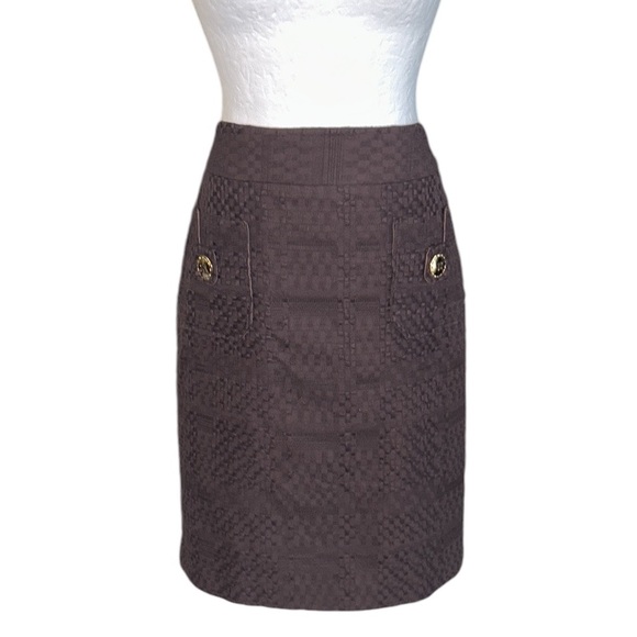 Milly of New York Brown Woven Textured Gold Button Detail Pencil Skirt - 8 - Picture 13 of 13